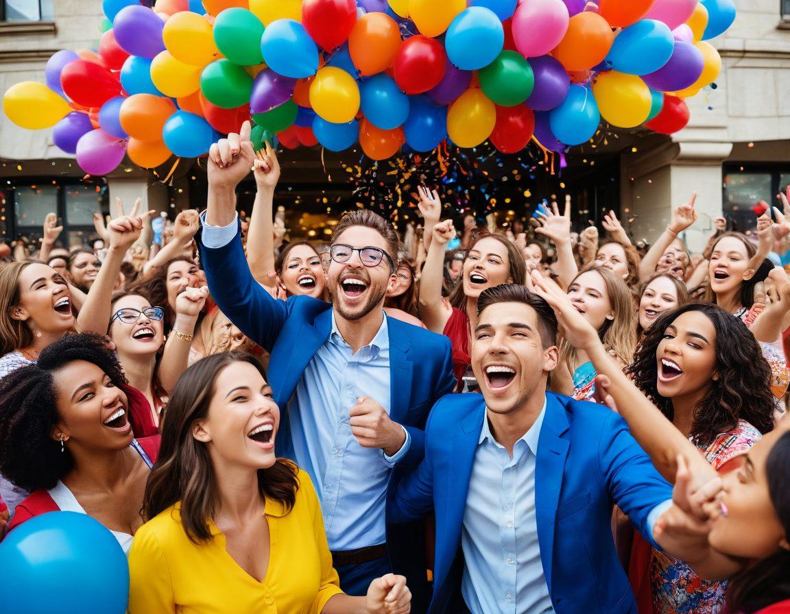 A vibrant scene depicting people joyfully celebrating a grand giveaway, surrounded by colorful balloons, confetti, and a giant jackpot symbol. Include diverse individuals with happy expressions holding tickets and prizes in a festive atmosphere. In the background, a bright banner reads 'Contests & Giveaways'. Evoke a sense of excitement and community. super-realistic. vibrant colors. festive theme.