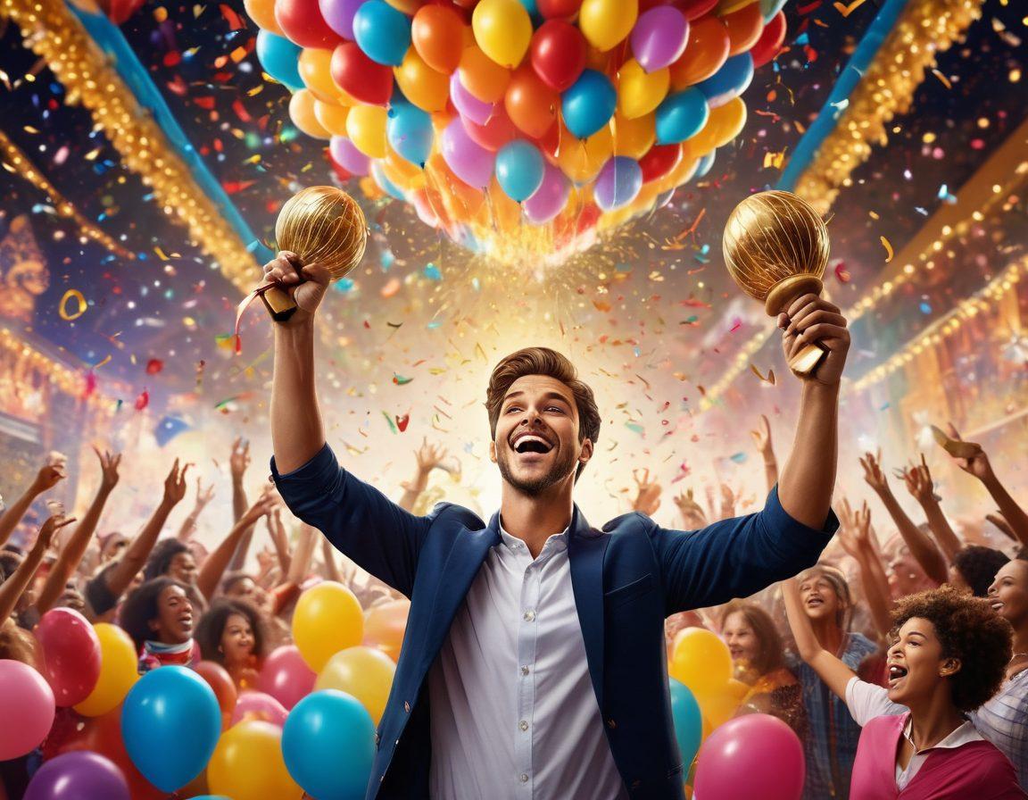 An enthusiastic person holding a giant golden trophy surrounded by confetti and colorful balloons, with a captivating carnival backdrop. Include elements symbolizing contests, such as raffle tickets and shiny prize boxes. Bright, cheerful colors radiate joy and excitement, inviting the viewer to join in the fun. super-realistic. vibrant colors. celebratory atmosphere.