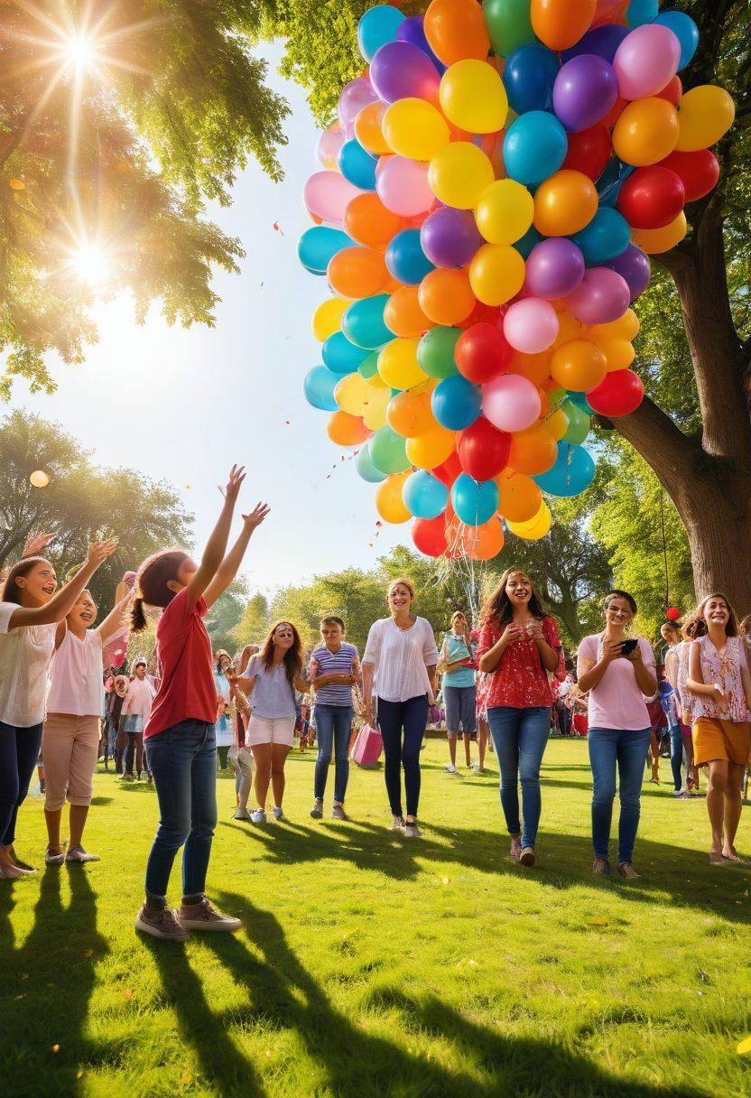 A lively scene showing a festive prize distribution event in a bright park setting, with diverse people joyfully receiving colorful prizes. Balloons and streamers adorn the background, while a beautifully decorated table displays the prizes. Expressions of excitement and happiness are evident on everyone's faces. Warm sunlight creates a cheerful atmosphere. vibrant colors. 3D.
